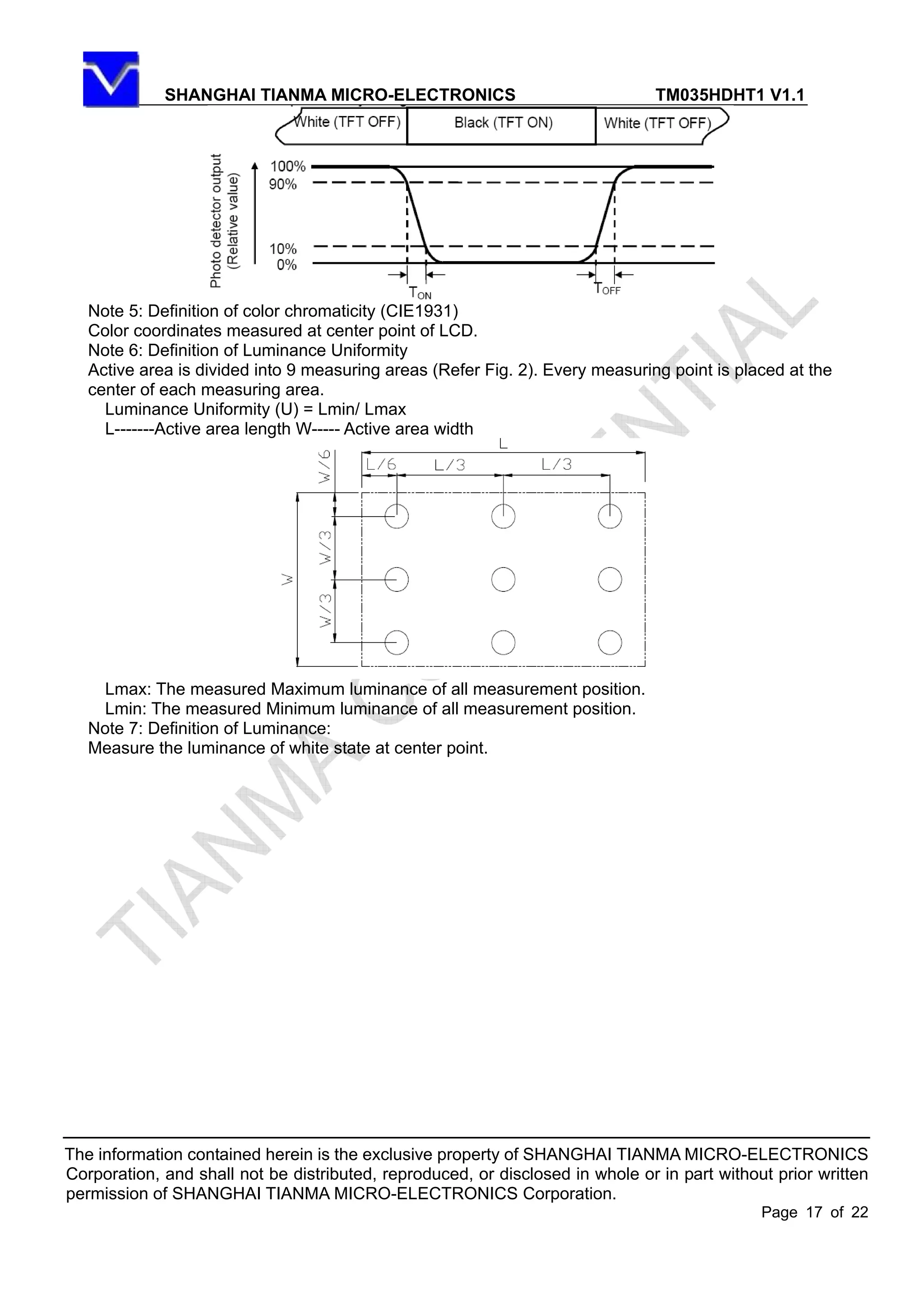 SHANGHAI TIANMA MICRO-ELECTRONICS TM035HDHT1 V1.1
The information contained herein is the exclusive property of SHANGHAI TIANMA MICRO-ELECTRONICS
Corporation, and shall not be distributed, reproduced, or disclosed in whole or in part without prior written
permission of SHANGHAI TIANMA MICRO-ELECTRONICS Corporation.
Page 17 of 22
Note 5: Definition of color chromaticity (CIE1931)
Color coordinates measured at center point of LCD.
Note 6: Definition of Luminance Uniformity
Active area is divided into 9 measuring areas (Refer Fig. 2). Every measuring point is placed at the
center of each measuring area.
Luminance Uniformity (U) = Lmin/ Lmax
L-------Active area length W----- Active area width
Lmax: The measured Maximum luminance of all measurement position.
Lmin: The measured Minimum luminance of all measurement position.
Note 7: Definition of Luminance:
Measure the luminance of white state at center point.
 