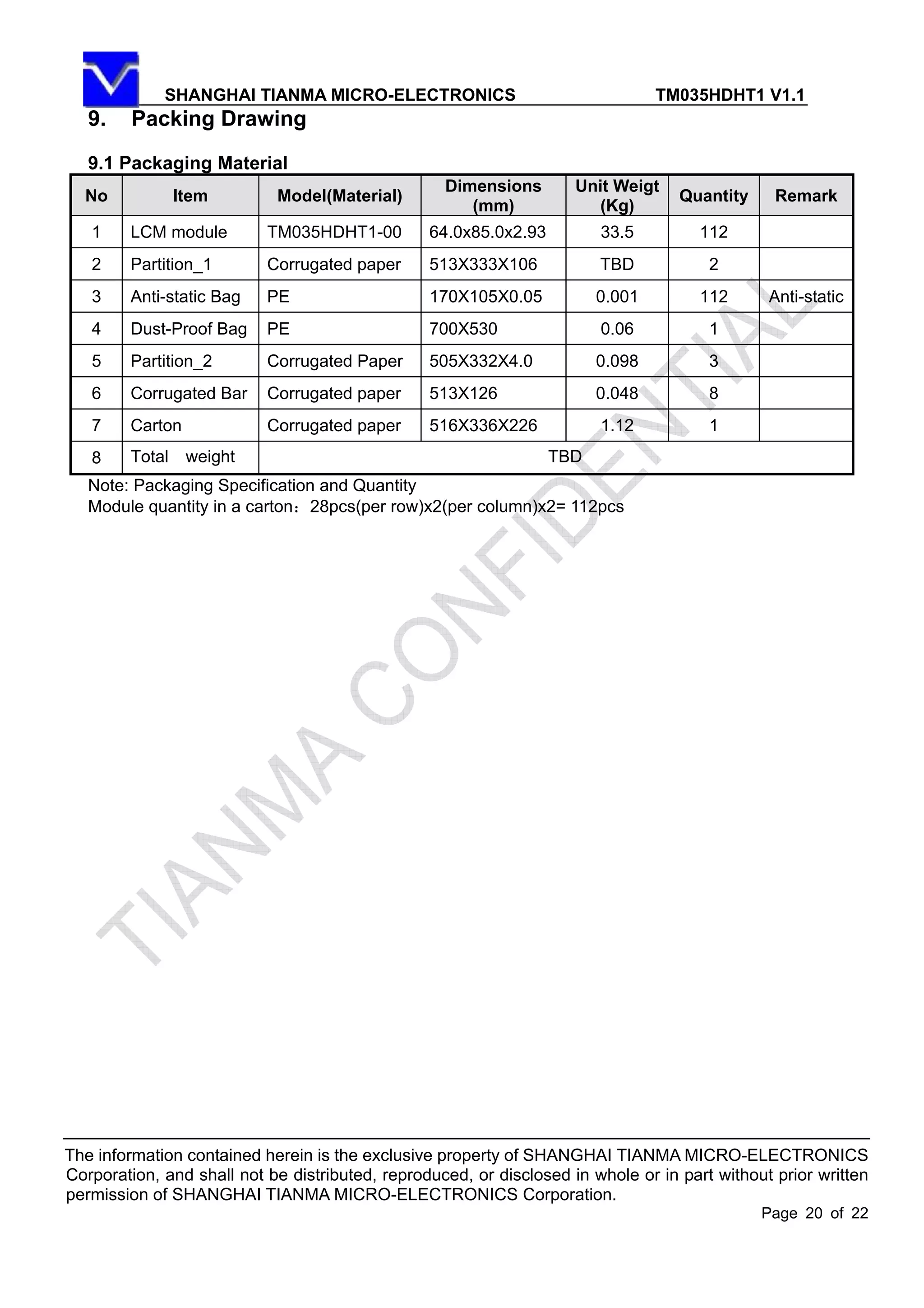 SHANGHAI TIANMA MICRO-ELECTRONICS TM035HDHT1 V1.1
The information contained herein is the exclusive property of SHANGHAI TIANMA MICRO-ELECTRONICS
Corporation, and shall not be distributed, reproduced, or disclosed in whole or in part without prior written
permission of SHANGHAI TIANMA MICRO-ELECTRONICS Corporation.
Page 20 of 22
9. Packing Drawing
9.1 Packaging Material
No Item Model(Material)
Dimensions
(mm)
Unit Weigt
(Kg)
Quantity Remark
1 LCM module TM035HDHT1-00 64.0x85.0x2.93 33.5 112
2 Partition_1 Corrugated paper 513X333X106 TBD 2
3 Anti-static Bag PE 170X105X0.05 0.001 112 Anti-static
4 Dust-Proof Bag PE 700X530 0.06 1
5 Partition_2 Corrugated Paper 505X332X4.0 0.098 3
6 Corrugated Bar Corrugated paper 513X126 0.048 8
7 Carton Corrugated paper 516X336X226 1.12 1
8 Total weight TBD
Note: Packaging Specification and Quantity
Module quantity in a carton：28pcs(per row)x2(per column)x2= 112pcs
 