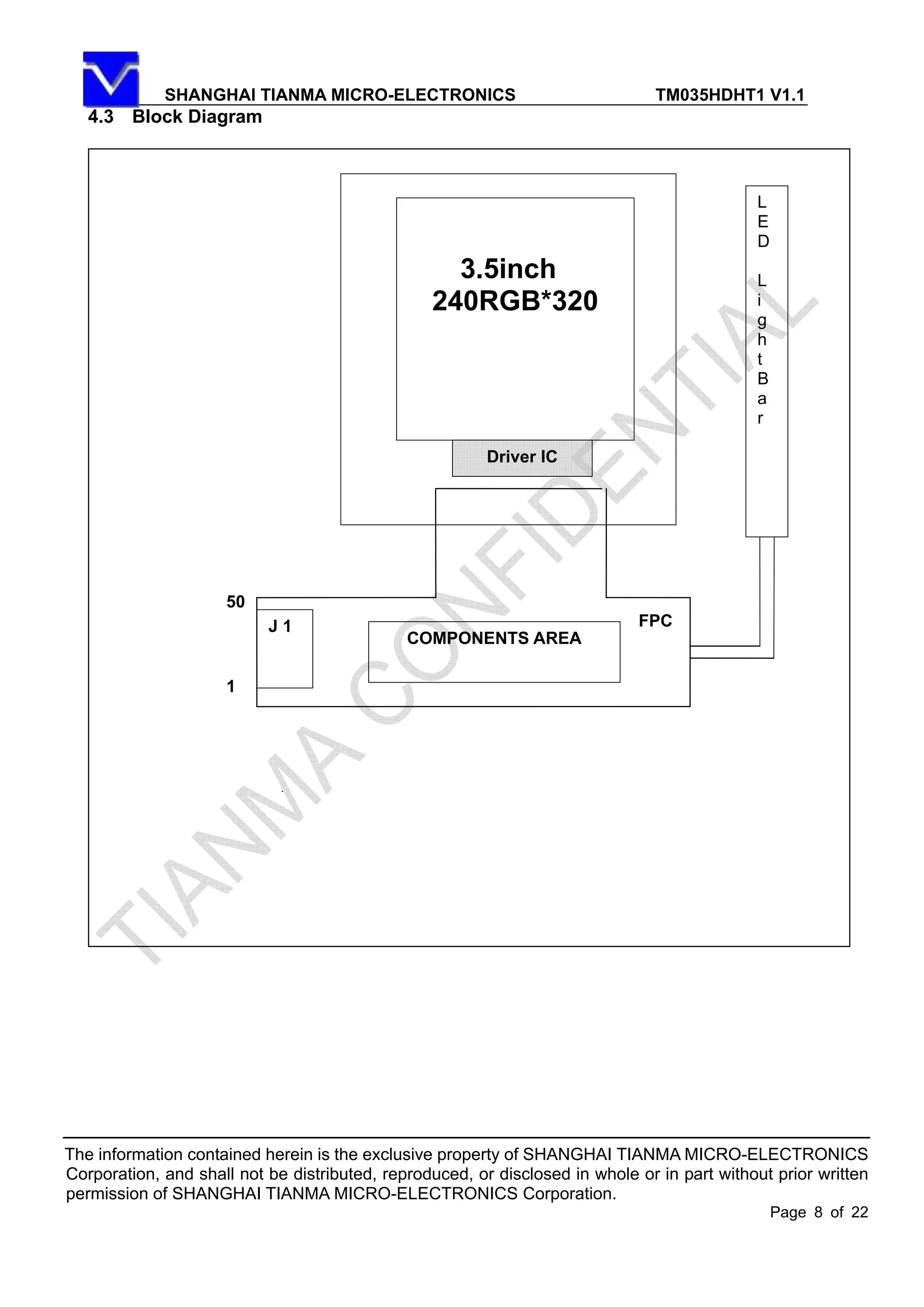 SHANGHAI TIANMA MICRO-ELECTRONICS TM035HDHT1 V1.1
The information contained herein is the exclusive property of SHANGHAI TIANMA MICRO-ELECTRONICS
Corporation, and shall not be distributed, reproduced, or disclosed in whole or in part without prior written
permission of SHANGHAI TIANMA MICRO-ELECTRONICS Corporation.
Page 8 of 22
4.3 Block Diagram
3.5inch
240RGB*320
L
E
D
L
i
g
h
t
B
a
r
COMPONENTS AREA
Driver IC
FPCJ 1
1
50
 