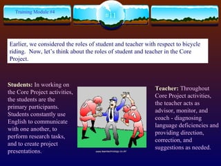 #11 Training Module #4 Teacher:   Throughout Core Project activities, the teacher acts as advisor, monitor, and coach - diagnosing language deficiencies and providing direction, correction, and suggestions as needed.  Students:   In working on the Core Project activities, the students are the primary participants. Students constantly use English to communicate with one another, to perform research tasks, and to create project presentations. www.teamtechnology.co.uk/   Earlier, we considered the roles of student and teacher with respect to bicycle riding.  Now, let’s think about the roles of student and teacher in the Core Project. 