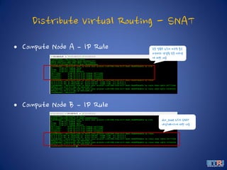Distribute Virtual Routing - SNAT
• Compute Node A – IP Rule
• Compute Node B – IP Rule
모든 컴퓨트 노드의 라우팅 룰은
라우터와 연결된 모든 서브넷
에 대한 내용
dvr_snat 노드의 SNAT
네임스페이스에 대한 내용
 