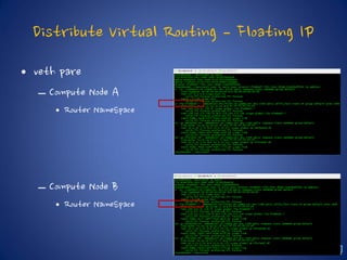 Distribute Virtual Routing – Floating IP
• veth pare
– Compute Node A
• Router NameSpace
– Compute Node B
• Router NameSpace
 