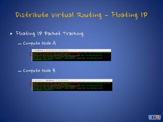 Distribute Virtual Routing – Floating IP
• Floating IP Packet Tracking
– Compute Node A
– Compute Node B
 