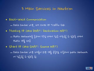 3 Main Services in Neutron
• East-West Communication
– Data Center 내부, VM 사이의 IP Traffic 처리
• Floating IP (aka DNAT: Destination NAT)
– Public Network을 통하여 직접 VM에 접근 가능할 수 있도록 VM에
Public IP를 제공
• Shard IP (aka SNAT: Source NAT)
– Data Center 내부 VM들이 외부 IP를 공용으로 사용하여 public Network
에 접속할 수 있도록 함
 
