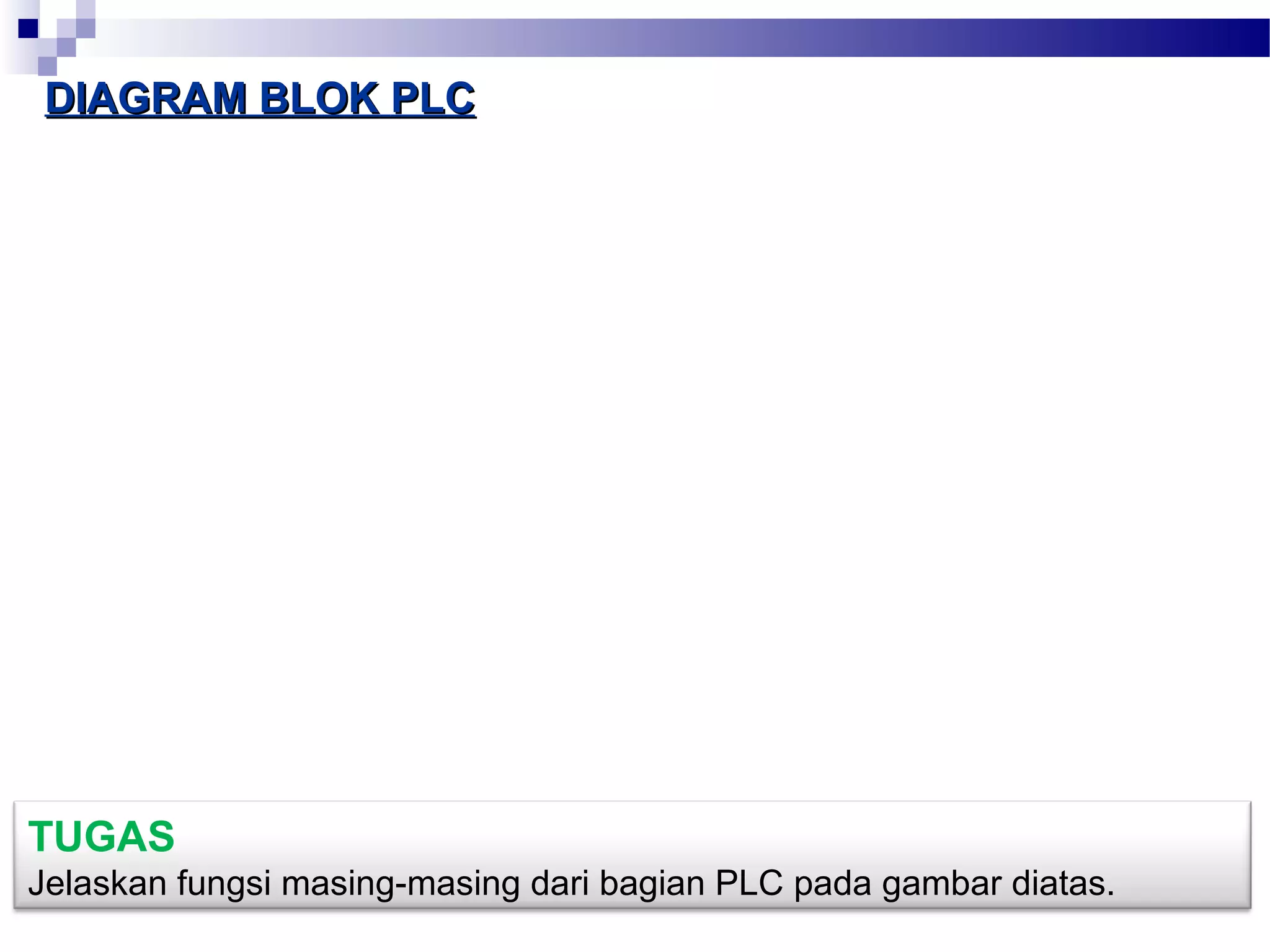 DDIIAAGGRRAAMM BBLLOOKK PPLLCC 
TUGAS 
Jelaskan fungsi masing-masing dari bagian PLC pada gambar diatas. 
 