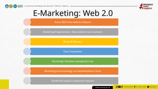 E-Marketing: Web 2.0
Power Shift from Sellers to Buyers
Marketing Fragmentation: Mass maket to one customer
Death Of Distance
Time Compession
Knowledge/database management key
Marketing and technology: an interdisciplinary focus
Intellectial capital is important resource
 