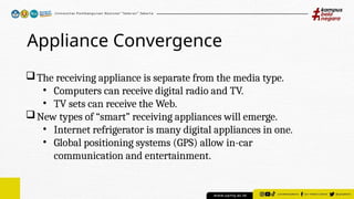 Appliance Convergence
The receiving appliance is separate from the media type.
• Computers can receive digital radio and TV.
• TV sets can receive the Web.
New types of “smart” receiving appliances will emerge.
• Internet refrigerator is many digital appliances in one.
• Global positioning systems (GPS) allow in-car
communication and entertainment.
 