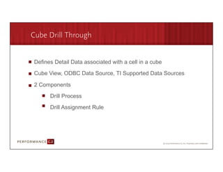 Cube Drill Through


       Defines Detail Data associated with a cell in a cube

       Cube View, ODBC Data Source, TI Supported Data Sources

       2 Components

             Drill Process

             Drill Assignment Rule




9/2/09	
  
 