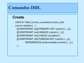 Comandos DDL
 Create
  CREATE TABLE [nombre_basedatos].nombre_tabla
  (column datatype [, ...]
   [[CONSTRAINT npk] PRIMARY KEY (column [,...]),]
   [[CONSTRAINT nuk] UNIQUE (column [,...]),]
   [[CONSTRAINT nck] CHECK (condition) ]
   [[CONSTRAINT nfk] FOREIGN KEY (column [,...]),]
         REFERENCES [schema.]table (column [,...]) ]
   );
 