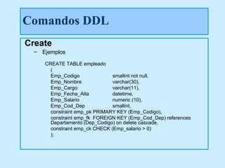 Comandos DDL
Create
  – Ejemplos

     CREATE TABLE empleado
       (
       Emp_Codigo               smallint not null,
       Emp_Nombre               varchar(30),
       Emp_Cargo                varchar(11),
       Emp_Fecha_Alta           datetime,
       Emp_Salario              numeric (10),
       Emp_Cod_Dep              smallint,
       constraint emp_pk PRIMARY KEY (Emp_Codigo),
       constraint emp_fk FOREIGN KEY (Emp_Cod_Dep) references
       Departamento (Dep_Codigo) on delete cascade,
       constraint emp_ck CHECK (Emp_salario > 0)
       );
 