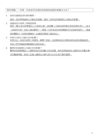 探究問題二：科學、科技如何為預防和控制疾病提供新解決方法？

1.   試寫出匯報組別的資料概要。
     資料一是科學理論與公共衞生的理解；資料二是科技的發展對公共衞生的影響。
2.   試簡述流行病學三角模型原理。
     資料一顯示流行病學提出三大致病元素：病原體（引起疾病的微生物或非微生物）；宿主
     （患病的生物，包括人類或動物）；環境（引致或容許疾病傳播的外在因素疾病的），透過
     病原體媒介（疾病的傳播者）在適當的環境下感染宿主。
3.   科學方法對公共衞生有何影響？
     科學方法，如流行病學三角模型，解釋了疾病，包括傳染病及非傳染病的成因和散播途徑，
     有助人們多個層面理解健康及預防疾病。
4.   醫學科技發展對公共衞生有何影響？
     醫學科技發展豐富了人類對疾病及其診斷方法的認識。新科技將協助病人處理多年來難以解
     決的醫療問題，使病人在個人護理及治療方面可以作出更可靠的選擇。




                                                11
 