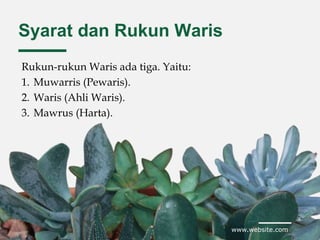 www.website.com
Syarat dan Rukun Waris
Rukun-rukun Waris ada tiga. Yaitu:
1. Muwarris (Pewaris).
2. Waris (Ahli Waris).
3. Mawrus (Harta).
 