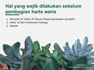 www.website.com
Hal yang wajib dilakukan sebelum
pembagian harta waris
1. Ma’unah Al Tajhiz Al Mayyit (biaya perawatan jenazah)
2. Wafa’ al dain (melunasi hutang)
3. Wasiat
 