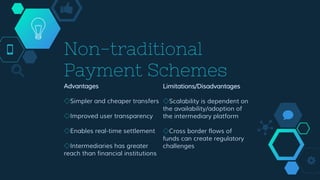 Non-traditional
Payment Schemes
Advantages
◇Simpler and cheaper transfers
◇Improved user transparency
◇Enables real-time s...
