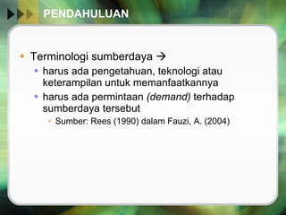 PENDAHULUAN Terminologi sumberdaya   harus ada pengetahuan, teknologi atau keterampilan untuk memanfaatkannya harus ada permintaan  (demand)  terhadap sumberdaya tersebut Sumber: Rees (1990) dalam Fauzi, A. (2004) 