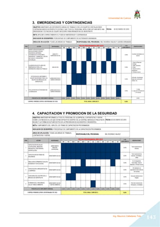 Universidad de Cuenca
Ing. Mauricio Valladarez Tola
143
3. EMERGENCIAS Y CONTINGENCIAS
4. CAPACITACION Y PROMOCION DE LA SEGURIDAD
 