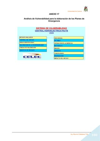 Universidad de Cuenca
Ing. Mauricio Valladarez Tola
180
ANEXO 17
Análisis de Vulnerabilidad para la elaboración de los Planes de
Emergencia
 