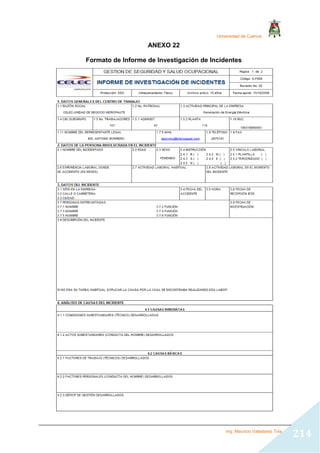 Universidad de Cuenca
Ing. Mauricio Valladarez Tola
214
ANEXO 22
Formato de Informe de Investigación de Incidentes
 