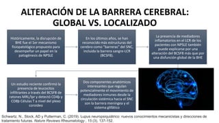 ALTERACIÓN DE LA BARRERA CEREBRAL:
GLOBAL VS. LOCALIZADO
Históricamente, la disrupción de
BHE fue el 1er mecanismo
fisiopatológico propuesto para
desempeñar un papel en la
patogénesis de NPSLE
En los últimos años, se han
reconocido más estructuras del
cerebro como "barreras" del SNC,
incluida la barrera sangre-LCR
(BCSFB).
La presencia de mediadores
inflamatorios en el LCR de los
pacientes con NPSLE también
puede explicarse por una
alteración del BCSFB más que por
una disfunción global de la BHE
Un estudio reciente confirmó la
presencia de leucocitos
infiltrantes a través del BCSFB de
ratones MRL/lpr y detectó CD4þ y
CD8þ Células T a nivel del plexo
coroideo
Dos componentes anatómicos
interesantes que regulan
potencialmente el movimiento de
mediadores inmunes desde la
circulación sistémica hacia el SNC
son la barrera meníngea y el
sistema glifático
Schwartz, N., Stock, AD y Putterman, C. (2019). Lupus neuropsiquiátrico: nuevos conocimientos mecanicistas y direcciones de
tratamiento futuras. Nature Reviews Rheumatology , 15 (3), 137-152.
 