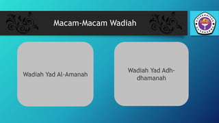 Macam-Macam Wadiah
Wadiah Yad Al-Amanah
Wadiah Yad Adh-
dhamanah
 