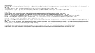 References (A-C):
Adapt Learning Framework, (2016). Adapt Learning Framework. [image] Available at: http://www.appitierre.com/blog/2015/07/30/the-adapt-learning-framework-and-the-elephant-in-the-room/ [Accessed 22
Apr. 2016].
Amazon Prime Music Logo. (2016). [image] Available at: http://logos.wikia.com/wiki/Amazon_Prime_Music [Accessed 4 Apr. 2016].
Anon, (2016). [image] Available at: http://www.wheelerpl.michlibrary.org/Facebook-Logo-Wallpaper-Full-HD.png/image_view_fullscreen [Accessed 2 Apr. 2016].
Apple App Store. (2016). Shazam - Discover music, artists, videos & lyrics on the App Store. [online] Available at: https://itunes.apple.com/gb/app/shazam-discover-music-artists/id284993459?mt=8 [Accessed
22 Apr. 2016].
AZ Digital Transfers, (2014). Physical Music Formats. [image] Available at: http://www.azdigitaltransfers.com/catalog/i84.html [Accessed 31 Mar. 2016].
Bands In Town Logo. (2016). [image] Available at: http://20wattsmag.com/2013/02/keep-on-top-of-the-local-scene-with-bandsintown/ [Accessed 22 Apr. 2016].
bbcnews.co.uk. (2001). BBC News | NEW MEDIA | Getting the best out of net music. [online] Available at: http://news.bbc.co.uk/1/hi/entertainment/1719779.stm [Accessed 1 Apr. 2016].
Chinn, M. and Fairlie, R. (2006). The determinants of the global digital divide: a cross-country analysis of computer and internet penetration. Oxford Economic Papers, 59(1), pp.16-44.
Christensen, C. (1997). The innovator's dilemma. Boston, Mass.: Harvard Business Review Press.
Commons.wikimedia.org. (2013). File:Spotify logo horizontal black.jpg - Wikimedia Commons. [online] Available at: https://commons.wikimedia.org/wiki/File:Spotify_logo_horizontal_black.jpg [Accessed 22
Apr. 2016].
Cooke, C. (2015). IFPI puts ‘safe harbours’ at the top of its copyright action list | Complete Music Update. [online] Completemusicupdate.com. Available at: http://www.completemusicupdate.com/article/ifpi-
puts-safe-harbours-at-the-top-of-its-copyright-action-list/ [Accessed 22 Apr. 2016].
Cracked, (2011). RIAA Logo. [image] Available at: http://www.cracked.com/funny-2153-riaa/ [Accessed 31 Mar. 2016].
Cross, A. (2016). Major Record Labels. [image] Available at: http://ajournalofmusicalthings.com/how-the-major-record-labels-took-back-their-power/ [Accessed 22 Apr. 2016].
CrowdFund Beat. (2014). Music Crowdfunding. [online] Available at: http://crowdfundbeat.com/2014/08/01/top-10-music-crowdfunding-campaigns/ [Accessed 4 Apr. 2016].
 