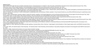 References (O-Z):
Ogle, M. (2016). Matt Ogle talks Discover Weekly and Spotify evolution. [online] Musically.com. Available at: http://musically.com/2016/03/21/matt-ogle-discover-weekly-spotify/ [Accessed 22 Apr. 2016].
Online Music Library. (2014). [image] Available at: http://projectsgeek.com/2014/05/online-music-library-project-in-php.html [Accessed 1 Apr. 2016].
P2P Filesharing History. (2010). [image] Available at: http://i-downloader.blogspot.co.uk/2010/12/brief-history-of-file-sharing.html [Accessed 1 Apr. 2016].
Rockstar Games. (2016). The Music of Grand Theft Auto V: Three Volume Digital Album Now Available on iTunes | Rockstar Games. [online] Available at: http://www.rockstargames.com/newswire/article/51411/the-
music-of-grand-theft-auto-v-three-volume-digital-album-now-a.html [Accessed 22 Apr. 2016].
Ronen, G., Sanderse, W. and Rusman, H. (2012). Kickstarting the crowdfunding trends. [online] Masters of Media. Available at: http://mastersofmedia.hum.uva.nl/2012/10/05/kickstarting-the-crowdfunding-trends/
[Accessed 3 Apr. 2016].
Ronson, J. (2013). Amanda Palmer: visionary or egotist?. [online] the Guardian. Available at: http://www.theguardian.com/music/2013/jun/22/amanda-palmer-visionary-egotist-interview [Accessed 3 Apr. 2016].
Rotunda Media. (2015). An Idiots Guide to Tidal. [online] Available at: http://rotundamedia.com.au/2015/04/09/an-idiots-guide-to-tidal/ [Accessed 4 Apr. 2016].
sdcitybeat.com. (2012). [image] Available at: http://www.conquerblog.com/a-date-which-will-live-in-infamy-the-other-infamy-the-napster-lawsuit/2012/12/07/546/ [Accessed 31 Mar. 2016].
Silver, J. (2013). Digital Medieval: The first twenty years of music on the web...and the next twenty. London: Xstorical Publications Media.
Spotify, (2016). How to Keep Your Awesome Spotify Playlists. [image] Available at: http://forums.techweez.com/t/how-to-keep-your-awesome-spotify-discover-weekly-playlists-for-good/278 [Accessed 22 Apr. 2016].
Steve Jobs. (2016). [image] Available at: http://allaboutstevejobs.com/bio/longbio/longbio_10.php [Accessed 2 Apr. 2016].
Stutz, C. (2015). Spotify Tops Pandora as World's Most Popular Music Streaming App. [online] Billboard. Available at: http://www.billboard.com/articles/news/6784774/spotify-pandora-most-popular-music-
streaming-app-worldwide [Accessed 4 Apr. 2016].
Support.apple.com. (2016). Apple logo with progress bar after updating or restoring iPhone, iPad, or iPod touch - Apple Support. [online] Available at: https://support.apple.com/en-us/HT203435 [Accessed 22 Apr.
2016].
Tom's Guide. (2016). The Ultimate Guide to Twitch Streaming - The Ultimate Guide to Twitch Streaming. [online] Available at: http://www.tomsguide.com/us/twitch-streaming-guide,review-3009.html [Accessed 4
Apr. 2016].
Tschmuck, P. (2006). Creativity and innovation in the music industry. Dordrecht: Springer.
Twitter. (2016). Twitch Music on Twitter. [online] Available at: https://twitter.com/twitchmusic/status/669629267060260864 [Accessed 3 Apr. 2016].
Tynan, D. (2006). The 25 Worst Tech Products of All Time. [online] Web Archive - PC World/reviews. Available at:
https://web.archive.org/web/20060615224159/http://www.pcworld.com/reviews/article/0,aid,125772,pg,1,00.asp [Accessed 1 Apr. 2016].
UK Business Insider, (2013). UK Business Insider iPod 12 years-old. [image] Available at: http://uk.businessinsider.com/apple-ipod-12-years-old-2013-11?r=US&IR=T [Accessed 2 Apr. 2016].
via Newser. (2010). [image] Available at: http://streetknowledge.nyc/2010/10/27/judge-shuts-down-file-sharing-site-limewire/ [Accessed 1 Apr. 2016].
Wikipedia Commons, (2015). MPMan. [image] Available at: http://www.makeuseof.com/tag/the-evolution-of-music-consumption-how-we-got-here/ [Accessed 22 Apr. 2016].
Wikipedia, (2015). Official MP3 Logo. [image] Available at: https://commons.wikimedia.org/wiki/File:MP3_logo.png [Accessed 31 Mar. 2016].
Willens, M. (2016). Why The Most Important David Bowie Tributes Are Streaming On Spotify, Apple Music And Tidal. [online] International Business Times. Available at: http://www.ibtimes.com/why-most-important-
david-bowie-tributes-are-streaming-spotify-apple-music-tidal-2259694 [Accessed 22 Apr. 2016].
YouTube Logo. (2016). [image] Available at: http://logok.org/youtube-logo/ [Accessed 3 Apr. 2016].
YouTube Logo. (2016). [image] Available at: https://sites.google.com/site/seourpicz/1/tv-and-video/us/1/youtube-logo-3 [Accessed 22 Apr. 2016].
Zilio, L. (2014). MySpace Mobile | Social Media: The way I see it.. [online] Lzilio.wordpress.com. Available at: https://lzilio.wordpress.com/tag/myspace-mobile/ [Accessed 2 Apr. 2016].
 