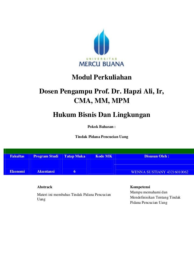 Tm 6 4 Hbl Wenna Sustiany Hapzi Ali Tindak Pidana Pencucian Uang