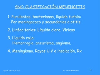 SNC: CLASIFICACIÓN MENINGITIS <ul><li>1. Purulentas, bacterianas, líquido turbio: </li></ul><ul><li>Por meningococo y secu...