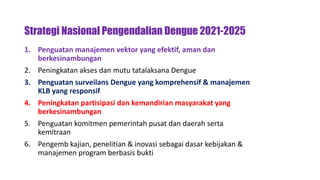Strategi Nasional Pengendalian Dengue 2021-2025
1. Penguatan manajemen vektor yang efektif, aman dan
berkesinambungan
2. Peningkatan akses dan mutu tatalaksana Dengue
3. Penguatan surveilans Dengue yang komprehensif & manajemen
KLB yang responsif
4. Peningkatan partisipasi dan kemandirian masyarakat yang
berkesinambungan
5. Penguatan komitmen pemerintah pusat dan daerah serta
kemitraan
6. Pengemb kajian, penelitian & inovasi sebagai dasar kebijakan &
manajemen program berbasis bukti
 