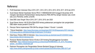 Referensi
1. Profil Kesehatan Indonesia Tahun 2010, 2011, 2012, 2013, 2014, 2015, 2016, 2017, 2018 dan 2019
2. Surat Edaran Menteri Kesehatan Nomor PM.01.11/MENKES/591/2016 tanggal 8 November 2016
mengatur tata laksana Pemberantasan Sarang Nyamuk (PSN) 3M Plus dengan Gerakan satu rumah
satu (Juru Pemantau Jentik) Jumantik.
3. Data DBD Jawa Tengah Tahun 2016, 2017, 2018, 2019, dan 2020
4. Surat Edaran Nomor: HK.02.02/iv/23&o/2020 tentang pelaksanaan pencegahan dan pengendalian
DBD dalam situasi pandemi Covid-19.
5. Petunjuk Teknis Implementasi PSN 3M-Plus dengan Grakan 1 Rumah 1 Jumantik
6. Tribune Kesehatan. https://www.tribunnews.com/kesehatan/2021/04/26/sepanjang-2021-total-ada-
6122-kasus-dbd-di-indonesia-tertinggi-di-kelompok-15-44-tahun
7. Data Kasus Terbaru DBD di Indonesia. https://www.kemkes.go.id/article/view/20120300001/data-
kasus-terbaru-dbd-di-indonesia.html.
8. Peraturan Menteri Kesehatan Nomor 45 tahun 2014 tentang Penyelenggaraan Surveilans
Kesehatan. https://infeksiemerging.kemkes.go.id/download/PERMENKES_45_2014_Penyeleng
garaan_ Surveilans_Kesehatan.pdf
9. Pedoman Pencegahan dan Pengendalian Demam Berdarah Dengue di Indonesia.
https://www.dinkes.pulangpisaukab.go.id/wp-content/uploads/2020/09/Isi-Buku-DBD-2017.pdf
 