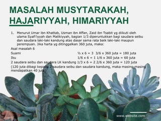 www.website.com
MASALAH MUSYTARAKAH,
HAJARIYYAH, HIMARIYYAH
1. Menurut Umar ibn Khattab, Usman ibn Affan, Zaid ibn Tsabit yg diikuti oleh
ulama Syafi’iyyah dan Malikiyyah, bagian 1/3 diperuntukkan bagi saudara seibu
dan saudara laki-laki kandung atas dasar sama rata baik laki-laki maupun
perempuan. Jika harta yg ditinggalkan 360 juta, maka:
Asal masalah 6
Suami ½ x 6 = 3 3/6 x 360 juta = 180 juta
Ibu 1/6 x 6 = 1 1/6 x 360 juta = 60 juta
2 saudara seibu dan saudara LK kandung 1/3 x 6 = 2 2/6 x 360 juta = 120 juta
(120 juta dibagi kepada 2 saudara seibu dan saudara kandung, maka masing-masing
mendapatkan 40 juta)
 