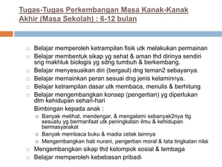 Tugas-Tugas Perkembangan Masa Kanak-Kanak
Akhir (Masa Sekolah) : 6-12 bulan
 Belajar memperoleh ketrampilan fisik utk melakukan permainan
 Belajar membentuk sikap yg sehat & aman thd dirinya sendiri
sng makhluk biologis yg sdng tumbuh & berkembang.
 Belajar menyesuaikan diri (bergaul) dng teman2 sebayanya.
 Belajar memainkan peran sesuai dng jenis kelaminnya.
 Belajar ketrampilan dasar utk membaca, menulis & berhitung
 Belajar mengembangkan konsep (pengertian) yg diperlukan
dlm kehidupan sehari-hari
Bimbingan kepada anak :
 Banyak melihat, mendengar, & mengalami sebanyak2nya ttg
sesuatu yg bermanfaat utk peningkatan ilmu & kehidupan
bermasyarakat
 Banyak membaca buku & madia cetak lainnya
 Mengembangkan hati nurani, pengertian moral & tata tingkatan nilai
 Mengembangkan sikap thd kelompok sosial & lembaga
 Belajar memperoleh kebebasan pribadi
 