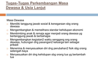Tugas-Tugas Perkembangan Masa
Dewasa & Usia Lanjut
Masa Dewasa
 Memiliki tanggung jawab sosial & kenegaraan sbg orang
dewasa
 Mengembangkan & memelihara standar kehidupan ekonomi
 Membimbing anak & remaja agar menjadi orang dewasa yg
bertanggung jawab & berbahagia
 Mengembangkan kegiatan2 waktu senggang sng orang
dewasa, hubungan dng pasangan2 keluarga lain sebagai
pribadi
 Menerima & menyesuaikan diri dng perubahan2 fisik sbg orang
setengah baya
 Menyesuaikan diri dng kehidupan sbg orang tua yg bertambah
tua
 