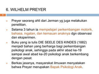 6. WILHELM PREYER
 Preyer seorang ahli dari Jerman yg juga melakukan
penelitian.
 Selama 3 tahun ia mempelajari perkembangan motorik,
bahasa, ingatan, dan kemauan anaknya dgn observasi
dan eksperimen.
 Buku yang ia tulis DIE SEELE DES KINDES (1882)
menjadi bahan yang berharga bagi perkembangan
psikologi anak, sehingga pada akhir abad ke-19
sampai awal abad ke-20 psikologi anak berkembang
dengan pesat.
 Berkas jasanya, masyarakat ilmuwan menyatakan
bahwa Preyer merupakan Bapak Psikologi Anak.
8
 