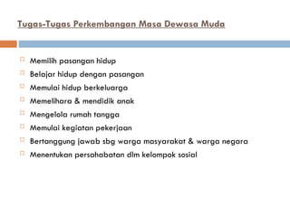 Tugas-Tugas Perkembangan Masa Dewasa Muda
 Memilih pasangan hidup
 Belajar hidup dengan pasangan
 Memulai hidup berkeluarga
 Memelihara & mendidik anak
 Mengelola rumah tangga
 Memulai kegiatan pekerjaan
 Bertanggung jawab sbg warga masyarakat & warga negara
 Menentukan persahabatan dlm kelompok sosial
 