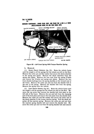 TORQUE 
Figure Left Front With Torque Reaction Spring 
(1) RIGHT FRONT SPRINGS (fig. 35). Raise the vehicle frame 
until the weight is off the springs but the wheels are still on the floor. 
Remove the cotter pin and flat washer that secure the shock absorber 
to the spring seat plates. Remove the shock absorbers from the 
spring seat plates. Remove the four nuts from the spring U-bolts 
and remove the U-bolts and spring seat plates. Remove the two 
front shackle bushings from the spring shackles at the forward end of 
the frame. Remove the cotter pin and nut from the shackle bolt at 
the rear of the spring. Remove the shackle bolt from the spring. 
Remove the spring from the vehicle. 
(2) LEFT FRONT SPRING (fig. 83). Raise the vehicle frame until 
the weight is off the springs but the wheels are still on the floor. Re-move 
the cap screw that secures the shackle bolt lock plate to the 
left side of the frame. Remove the nut and bolt from the clamping 
end of the.lock plate and remove the lock plate from the shackle bolt. 
Remove the cotter pin and flat washer that secure the lower end of 
the shock absorber to the torque reaction spring. Pull the shock ab-sorber 
off the reaction spring. Remove the cotter pin and nut from 
the reaction spring shackle bolt and remove the shackle bolt. Re-move 
the cotter pin and nut from the spring shackle bolt and remove 
100 
 