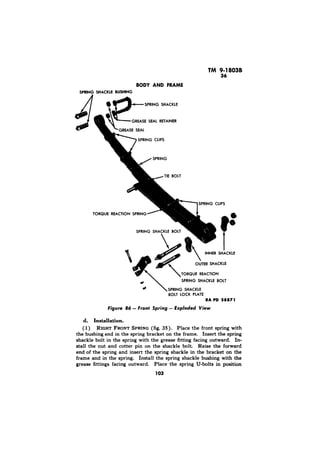 TM 9-1803B 
36 
 
H 
 
RA PD 28871 
1) Place the front spring with 
the bushing end in the spring bracket on the frame. Insert the spring 
shackle bolt in the spring with the grease fitting facing outward. In-stall 
the nut and cotter pin on the shackle bolt. Raise the forward 
end of the spring and insert the spring shackle in the bracket on the 
frame and in the spring. Install the spring shackle bushing with the 
grease fittings facing outward. Place the spring U-bolts in position 
103 
 