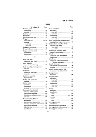 Page 
Radiator guard 
installation ................................. 135 
removal .......................................... 129 
Radiator hose .................................... 12 
Rear cover .......................................... 25 
Rear output shaft cap ........................ 35 
Ring gear 
check run-out ............................ 78, 95 
removal 
front axle ................................... 58 
rear axle ................................... 89 
Ring gear, differential ........................ 94 
Rivets in frame, loose .................... 133 
Rxeppa universal joint 
disassembly .................................... 51 
replacement ................................... 65 
Shaft, idle gear 
inspection and repair .................. 20 
Shaft assembly 
removal from housing ................ 112 
Shaft assembly, steering sector 
removal .......................................... 112 
Shift lever 
inspection and repair ................... 21 
removal ........................................... 11 
Shift lever assembly 
replacements .................................. 30 
Shifter fork guide rail 
removal ............................................ 14 
Shifter forks 
assembly .......................................... 22 
installation .................................... 31 
removal .........................................1.4 
Shock absorber, Gabriel 
cleaning and inspection ................ 106 
description and data .................... 104 
installation and adjustment ........ 106 
removal .......................................1..0.6 
Shock absorber, Monroe 
adjustment .................................... 110 
assembly and disassembly .......... 109 
cleaning, inspection, and removal 109 
description and data .................... 107 
fill with fluid .................................. 110 
installation .................................... 110 
Page 
Shock absorbers 
disconnect 
front axle .................................... 
rear axle ...................................... 
installation 
front axle .................................... 
rear axle .................................... 
Snap rings (front propeller shaft) 
removal from yoke ........................ 
Spider (front propeller shaft) 
removal from yoke 
front shaft .................................. 
rear shaft .................................... 
Spider (rear propeller shaft) 
install in yoke flange .................... 
Spindle 
inspection and replacement ........ 
installation ...................................... 
Spindle arm 
inspection and replacement of 
spindle bearing pin ................ 
Spindle housing 
adjustment and installation ........ 
removal .......................................... 
Spindle housing bearing cap 
inspection and replacement ........ 
Spring shackles 
disconnect ...................................... 
Spring U-bolts 
disconnect 
front axle .................................... 
rear axle ...................................... 
installation 
front axle .................................. 
rear axle .................................... 
Springs 
48 
87 
85 
97 
40 
40 
41 
43 
73 
81 
71 
79 
53 
71 
48 
48 
87 
83 
87 
disconnect .._........._........................... 87 
installation 
front . . . . .._..._.......................... 103 
rear .,,,..,,,,..,,......,........,...,...... 97, 104 
removal 
front ,._..,..,,.......__ .,,......__..._......... 100 
rear ._, ,._. ,, ,. ,. _. ._ 101 
Steering assembly 
installation .._,__.,..,._.,__.,..,............. 134 
Steering column, installation 118 
Steering column tube, removal 111 
Steering gear, removal .._. 111 
 