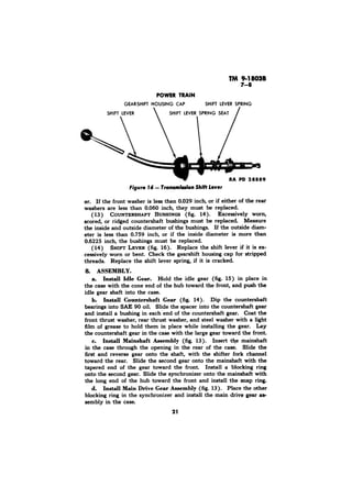 er. If the front washer is less than 0.029 inch, or if either of the rear 
washers are less than 0.060 inch, they must be replaced. 
(13) COUNTERSHAFT BUSHINGS (fig. 14). Excessively worn, 
scored, or ridged countershaft bushings must be replaced. Measure 
the inside and outside diameter of the bushings. If the outside diam-eter 
is less than 0.759 inch, or if the inside diameter is more than 
0.6225 inch, the bushings must be replaced. 
(14) SHIFT LEVER (fig. 16). Replace the shift lever if it is ex-cessively 
worn or bent. Check the gearshift housing cap for stripped 
threads. Replace the shift lever spring, if it is cracked. 
ASSEMBLY. 
a. Install Idle Gear. Hold the idle gear (fig. 15) in place in 
the case with the cone end of the hub toward the front, and push the 
idle gear shaft into the case. 
b. Inetall Countershaft Gear (fig. 14). Dip the countershaft 
bearings into SAE 90 oil. Slide the spacer into the countershaft gear 
and install a bushing in each end of the countershaft gear. Coat the 
front thrust washer, rear thrust washer, and steel washer with a light 
film of grease to hold them in place while installing the gear. Lay 
the countershaft gear in the case with the large gear toward the front. 
c. Install Mainshaft Assembly (fig. 13). Insert the mainshaft 
in the case through the opening in the rear of the case. Slide the 
first and reverse gear onto the shaft, with the shifter fork channel 
toward the rear. Slide the second gear onto the mainshaft with the 
tapered end of the gear toward the front. Install a blocking ring 
onto the second gear. Slide the synchronizer onto the mainshaft with 
the long end of the hub toward the front and install the snap ring, 
d. Install Main Drive Gear Assembly (fig. 13). Place the other 
blocking ring in the synchronizer and install the main drive gear as-sembly 
in the case. 
21 
 