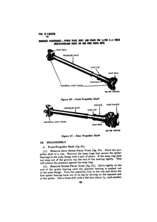 TM 9;;803B 
4x4 TRUCK 
RA PD 28743 
RA PD 28744 
18. DISASSEMBLY. 
a. Front Propeller Shaft (fig. 
1) Place the pro-peller 
shaft in a vise. Remove the snap rings that secure the spider 
bearings in the yoke flange with a pair of pliers. If the snap ring does 
This 
not snap out 01 the groove, tap the end of the bearing lightly. 
will relieve the pressure against the snap ring. 
(2) 32). Drive lightly on the 
end of the spider bearing until the opposite bearing is pushed out 
of the yoke flange. Turn the assembly over in the vise and drive the 
first spider bearing back out of its lug by driving on the exposed end 
of the spider. Use a brass drift with a flat face about 1/3a inch smaller 
40 
 