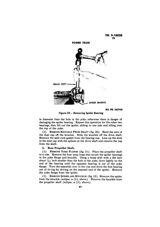 TM 9-18036 
18 
in diameter than the hole in the yoke, otherwise there is danger of 
damaging the spider bearing. Repeat this operation for the other two 
bearings, then lift out the spider, sliding to one side and tilting over 
the top of the yoke. 
(3) REMOVE KNUCKLE FROM SHAH (fig. 30). Bend the ears of 
the dust cap off the knuckle. Slide the knuckle off the drive shaft. 
Remove the split cork gasket from the bearing cap. Line up the slots 
in the dust cap with the splines on the drive shaft and remove the cap 
from the shaft. 
1) REMOVE YOKE FLANGE (fig. 3 1). Place the propeller shaft 
in a vise. Remove the four snap rings that secure the spider bearings 
in the yoke flange and knuckle. Using a brass drift with a flat face 
about l/32 inch smaller than the hole in the yoke, drive lightly on the 
end of the bearing until the opposite bearing is out of the yoke 
fiange. Turn the assembly over in the vise and drive the first bearing 
out of its lug by driving on the exposed end of the spider. Remove 
the yoke flange from the spider. 
(2) REMOVE SPIDER AND KNUCKLE (fig. 32). Remove the spider 
from the knuckle (subpar. a (2), above). Remove the knuckle from 
the propeller shaft (subpar. a (3), above). 
41 
 