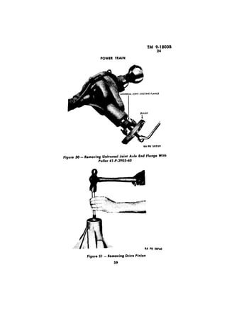 POWER TRAIN 
Figure 50 - Removing Universal Joint Axle 
Puller 4 1 -P-2905-60 
With 
Figure 51 - Removing Drive Pinion 
59 
 