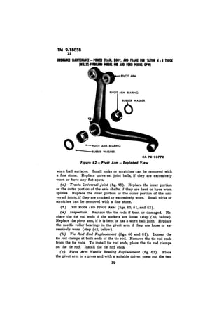 TM 9-18038 
RA PD 28772 
worn ball surfaces. Small nicks or scratches can be removed with 
a fine stone. Replace universal joint balls, if they are excessively 
worn or have any flat spots. 
(c) Tracta Universal Joint (fig. 45). Replace the inner portion 
or the outer portion of the axle shafts, if they are bent or have worn 
splines. Replace ,the inner portion or the outer portion of the uni-versal 
joints, if they are cracked or excessively worn. Small nicks or 
scratches can be removed with a fine stone. 
(5) TIE ARM (figs. 60, 61, and 62). 
Replace the tie rods if bent or damaged. Re-place 
the tie rod ends if the sockets are loose (step (b), below). 
Replace the pivot arm, if it is bent or has a worn ball joint. Replace 
the needle roller bearings in the pivot arm if they are loose or ex-cessively 
worn (step (c), below). 
(b) Tie Rod End Replacement (figs. 60 and 61). Loosen the 
tie rod clamps at both ends of the tie rod. Remove the tie rod ends 
from the tie rods. To install tie rod ends, place the tie rod clamps 
on the tie rod. Install the tie rod ends. 
(c) Pivot Arm Needle Bearing Replacement (fig. 62). Place 
the pivot arm in a press and with a suitable driver, press out the two 
70 
 