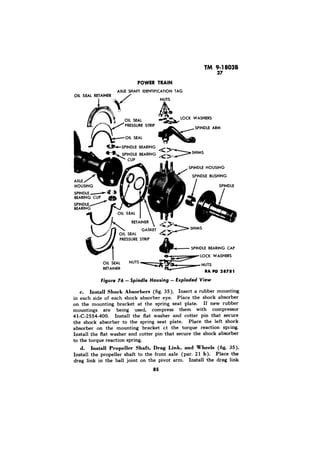 ;--Z 
RA PD 
(fig. Insert a rubber mounting 
in each side of each shock absorber eye. Place the shock absorber 
on the mounting bracket at the spring seat plate. If new rubber 
mountings are being used, compress them with compressor 
41-C-2554-400. Install the flat washer and cotter pin that secure 
the shock absorber to the spring seat plate. Place the left shock 
absorber on the mounting bracket Et the torque reaction spring. 
Install the flat washer and cotter pin that secure the shock absorber 
to the torque reaction spring. 
d. (fig. 35). 
Install the propeller shaft to the front axle (par. 21 Place the 
drag link in the ball joint on the pivot arm. Install the drag link 
85 
 