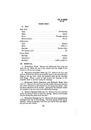 TM 9-18038 
b. Data. 
.............................................................................. 
................................. .................................................... 
.................................................. ................... 
.............. .................................................... 
: 
...................................................................................... 
..................................................................... 
................................................................................ 
............................................................................ 
................................................................ 
30. REMOVAL. 
a. ., Preliminary Work. 
b. Disconnect Propeller Shaft (fig. 77). 
Disconnect Shock Absorbers and Hydraulic Brake Line 
(fig. 77). 
d. Remove Spring U-bolts (fig. 77). 
Disconnect Springs (fig. 77). 
87 
 