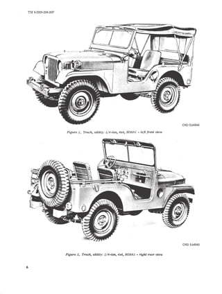 TM 9-2320-208-20P 
Figure 1. Truck, utility: 1/ 4-ton, 4%4, M38A1 - left front view 
ORD E64844 
ORD E64845 
Figure 2. Truck, utility: 1/4-too, 4%4, M38A1 - right rear view 
6 
 