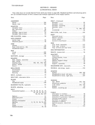 TM 9-2320-208-20P 
SECTION IV - INDEXES 
ALPHABETICAL INDEX 
This index does not include Special Tools which are listed on page 125. Standard hardware and attaching parts 
are not included because of their common and multiple application in the supply system. 
Item Page Item Page 
ABSORBER 
Shock. . . . . . . . . . . . . . . . . . . . . . . . . .. 104 
Shock, rear . . . . • . . . . . . . . . . . . . . . .. 104 
ADAPTER 
Breather valve . . . . . . . . . . . . . . . . . . .. 21 
Kit, horn wire 59 
Puller. . . . . . . . . . . . . . . . . . . . . . . . .. 125 
Straight, pipe to hose. . . . . . . . . . . . . . .. 14 
Straight, tube to hose. . . . . . . . . . . . . . .. 14 
Am CLEANER, intake. . . . . . . . . . . . . . . . . . 23 
ANTI-FREEZE 
Arctic-type 34 
Ethylene glycol. . . . . . . . . . . . . . . . . . . .. 34 
ARM 
Pitman 95 
Rear view mirror, adj 120 
Windshield wiper 120 
BAR 
Front 105 
Rear 106 
BATTERY, storage 61 
BEARING 
Ball, hanger, assembly 118 
Ball, thrust 19 
Bushing type 100, 101, 102, 103 
Roller, needle . . . . . . . . . . . . . . . . . . . .. 93 
Sleeve 93 
BELLCRANK 
Accelerator . . . . . . . . . . . . . . . . . . . . . .. 31 
Assembly 93 
Steering 93 
BELT, multiple. . . . . . . . . . . . . . . . . . . . .. 37 
BELT SET, alternator drive .. . . . . . . . . . .. 37 
BLADE 
Fan 37 
Windshield wiper 120 
BLEEDER VALVE, hydraulic 81 
BLOCK, adjusting . . . . . . . . . . . . . . . . . . .. 31 
BOLT 
Assembled washer 13, 23, 36, 37, 41, 45, 
51, 56, 75, 79, 81, 
83, 85, 99, 109 
Battery 61 
Bellcrank pivot. . . . . . . . . . . . . . . . . . . .. 93 
Center 102 
Integral lockwasher 40 
Machine 9, 10, 21, 29, 75, 100 
Pivot .....•...•......•.......... 102 
Pump 21 
Ribbed shoulder 87, 88 
126 
BOLT - Continued 
Shoulder. . . . . . . . . . . . . . . . . . . . . . . . . 68 
Shoulder, cover. . . . . . . . . . . . . . . . . . . . 14 
Shoulder, mounting . . . . . . . . . . . . . . . . . 38 
Shoulder, pivot .. ; . . . . . . . . . . . . . . . . . 38 
U . . . . . . . . . . . . . . . . . . 71, 100, 102 
1/2-20 NF 85 
BOLT EYE, belt, front 105 
BOOT 
Gearshift lever 110 
Master cylinder 85 
Lever rubber 110 
Levers to floorboard . . . . . . 110 
BOW 
Top, front, assembly 115 
Top, rear, w/pivot . . . . . . . . . . . . . . .115 
Top, w/front and rear bows 115 
BOX DISTRIBUTION. . . . . . . . . . . . . . . .. 50 
BRACE, tension belt. . . . . . . . . . . . . . . . .. 38 
BRACKET 
Bellcrank. . . . . . . . . . . . . . . . . . . . . . .. 31 
Lifting shackle, front. . . . . . . . . . . . . . .. 97 
Mounting 102 
Muffler support clamp . . . . . . . . . . . . . .. 33 
Retainer 85 
Support, assembly. . . . . . . . . . . . . . . . .. 99 
BRAKESHOE SET, internally. . . . . . . . . . .. 79 
BUCKLE, web strap, black 118 
BUMPER 
Rubber 100, 102 
Windshield to hood, left assy 107 
Windshield to hood, right assy 107 
BUSHING 
Bar, M170 105, 106 
Electrical conductor . . . . . . . . . . . . . . .. 62 
Link rubber .105, 106 
Rubber 62 
Rubber, mounting pin 104 
CABLE 
Alternator to rectifier . . . . . . . . . . . . . .. 39 
Assembly, power electrical . . . . . . . . . .. 43 
Generator to generator regulator. . . . . . .. 62 
Parking brake control . . . . . . . . . . . . . .. 79 
Rectifier to regulator. . . . . . . . . . . . . . .. 39 
Regulator to' battery 39 
Special purpose, electrical. . . . . . . . . . .. 62 
Tube. . . . . . . . . . . . . . . . . . . . . . . . . .. 19 
W/hook 112 
 