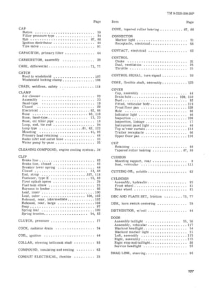 Page Item 
TM 9-2320-208-20P 
Page 
CAP 
Button .•..•.•.....•••...•••.•• .. 59 
Filler pressure type . . . . . . . . . • . . . . . •. 34 
Hub. . . • • • • . . . . . . . • . . . • . • • . .• 87, 88 
Ignition distributor . . . . . • • . . . . . • • • . •• 44 
Tire valve. . • • . • • . . . . • • • • • • . . . . . •. 91 
CAPACITOR, primary filter. . • • . . . . • . . .. 44 
CARBURETOR, assembly •.•• • •. •. •.... 20 
CASE , differential . • • . • • . .• • • . . . . .•. 73, 77 
CONE , tapered roller bearing •••. •• •.•• 87 , 88 
CONNECTOR 
Marker light . • . . . • . . . • . . . . • • . . . . .. 51 
Receptacle, electrical. . • . . . . • . . . • . . .. 66 
CONTACT, electrical ...•..••.••..•..• 62 
CONTROL 
Choke ...•.......••...•• • •.•.... 31 
Dual, ventilation ••.•.••....•..•.... 25 
Throttle • . . • • • . . • . . • • • . . . • • • . . • •. 31 
CATCH 
Hood to windshield ..•....••..•.•..•. 107 
Windshield locking clamp •••.•••••••.•. 108 
CHAIN, weldless, safety 118 
CLAMP 
Air cleaner . . . . • • . . . . . • • • . . . • . . . .. 23 
Assembly ••.....••..•.. •........ 23 
Band-type ••.•....•.•• .••••...•.. 19 
Closed ..••.••.•••.. •••......... 29 
Electri cal •.•.•...••..•••••••.•• 62, 66 
Hose •.....•..••..•.. ........ 93, 110 
Hose , band-type. • • . . . • . . . • • • . . .. 13, 23 
Hose , oil filler pipe ••••.. •. ....... • • 13 
Loop , end, tie rod •••.•••• • •••••..• • 94 
Loop type •. • •......•.•.. ..••61, 62, 123 
Mou nting .......•...•.. •.••••.. 41, 95 
Primar y lead retaining • . • • • • • • • • . . . .• 44 
Radio inlet and outlet hose . • • . . . . . . . . .. 35 
Water pump by-pass . . . • . . • • . . . • • . . • • 35 
CLEANING COMPOUND, en gi ne cooling s ystem . .34 
CONTROL SIGNAL , turn signal. . . • • • . . . .. 50 
CORE , fle xible shaft, assembly . • . • •...... 123 
COVER 
Cap, assembly ••.••..•...••••.••.. 44 
Drain hole ...•..••••....... • " 109, 110 
Dust. • . . • . • . . . . . . . . . . . • . . . . • • . .. 92 
Fitted, vehicular body .....•.•.•..•..• 116 
Front flo or pan .•..•.•... •••....... 109 
Hole •......••••••.......••..... 66 
Indicator li ght .•... . . . . . . . • • . • . . . .. 46 
Inspection ..•..•.••. • •.....•...•.. 109 
Inspect ion , linkage ....•••. .. ••... • " 17 
Instrument panel light. . • • • • • • • • • . • • .. 46 
Top wlrear curtain • . •...........•... 115 
Trailer receptacle . . . . • . . . . . • • . . . • .. 66 
Upper floor pan •.••.....••......... 110 
CUP 
Retaining .......•.•..•...•• ...•.. 68 
Tapered roller bearing .......•. .... 87, 88 
CLIP 
Brake lin e . . . . . . . . . . . . . . • • . . . . . . .. 83 
Br ake lin e , closed .......•• •.....•.. 83 
Breaker lever spring .. • ••.• ••.• ...• • 44 
Closed .. ..•..• . .••.... .••• • .. 13, 83 
End, s tra p ...........•........107, 118 
Fastener, type E . •..••..• ••...... 13, 83 
First splash apron •.......•.•....... 29 
Fuel tank elbow .......•........••.. 25 
Harness to fender. . . . . . . . . • . . . • • . . .• 66 
Leaf, inner ..•........••• •........ 100 
Leaf, outer .••..•.•.•.•..•.•.. 100, 102 
Rebound, rear, intermediate •..• •...... , 102 
Rebound, rear, large •.... •• ••......• 102 
Snap ....•...•...•..•... ••..•.•..• 97 
Spring leaf .••..••.••.•••••.•.••.. 100 
Spring t ension. . . . • . . • . . . . • • • • • •• 54, 83 
CLUTCH, pressure •••••...• •..••• •••• 17 
COCK, r adiator drain . •...•.•.•••.•... 34 
COIL , ig nit ion ..•.. ••• •.••. •...••••• 44 
COLLAR, steering bellcrank shaft • • • . . • • .• 93 
COMPOUND, insulating and sealing ..••..•• 62 
CONDUIT ELECTRICAL, fl exible •..•..•.. 25 
CUSHION 
Mounting support, rear . . . . . . . • • • . . . .. 9 
Seat , vehicular ......••. ••.•••.• . • • 111 
CUTTING OIL, s oluble . . . • . . . • • . . • • . • • • 63 
CYLINDER 
Assembly, hydraulic. . . . . . . . • • • • . . . .. 85 
Front wheel. . • • . . • . • . • • . . . • • • . • • .• 81 
Rear wheel .•... . . . . . . . . . • • • • • . . .• 81 
DISC AND PLATE SET, friction ... •...• 73, 77 
DISK, horn switch centering •...• • • . . . . •• 59 
DISTRIBUTOR, wlcoil • . • . . • . . . • • . . . . •. 44 
DOOR 
Assembly taillight ..• •.••• ..•••• • 55, 56 
Assembly, vehicular • • . .• . .• • •• • •• • . . 117 
Blackout headlight. . . • . . . . . . • • . . • . . .. 54 
Blackout marker light . . . . . . • . • • . . . • .. 51 
Left , assembly ....••.•.... •••. .... 115 
Right , assembly •.•••.•.•..••....... 115 
Right stop and taillight. . . . . • . . . . • . . . .. 56 
Service headlight .•..••..•.. •••••... 52 
DRAG LINK, steering. . • . . • . . . • • . . . • . .. 92 
127 
 