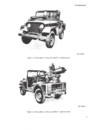 Figure 3. Truck, utility: 1/4-ton, 4x4, M38Al C - left front view 
Figure 4. Truck, utility: 1/4-ton, 4x4, M38A1C - right rear view 
TM 9-2320-208-20P 
ORD E64846 
ORDE64847 
7 
 