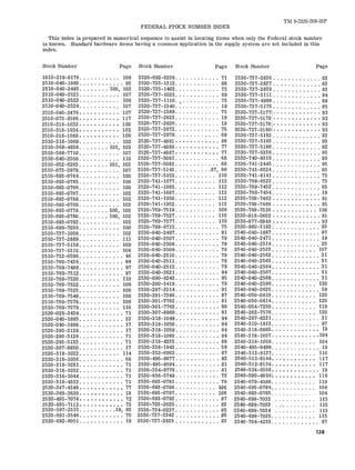 TM 9-2320-208-20P 
FEDERAL STOCK NUMBER INDEX 
This index is prepared in numerical sequence to assist in locating items when only the Federal stock number 
is known . . standard hardware items having a common application in the supply system are not included in this 
index. 
Stock Number Page Stock Number Page Stock Number Page 
1015-219-8176 108 
2520-692-6236 71 
2510-040-1860 95 
2520-735-1313 88 
2510-040-2495 100, 102 
2520-735-1403 75 
2510-040-2521. . . . . . . . . .. 107 
2520-737-1035 69 
2510-040-2522. . . . . . . . . .. 108 
2520-737-1110 75 
2510-040-2524. . . . . . . . . .. 107 
2520-737-1340.~ Hi 
2510-040-2476. • . . • • . . • .• 107 
2520-737-1589 75 
2510-073-8586. • • . • • • . • •• 117 
2520-737-2823 19 
2510-318-1033. • • • • . • • • •• 100 
2520-737-2826. . . . . . . . . . . . 19 
2510-318-1034 ••••••••••• 102 
2520-737-2872 75 
2510-318-1068 •.••••.•••• 100 
2520-737-2878 68 
2510-318-1069 102 
2520-737-4981 •••••••••••• 88 
2510-368-4938 101, 103 
2520-737-4986 .•..•.•••••. 77 
2510-588-7710. . . . . . . . . .. 107 
2520-737-4987 •.••.••.•••• 77 
2510-640-2550. . . . . . . . . .. 110 
2520-737-5081. 68 
2510-652-6263 101, 103 
2520-737-5082 68 
2510-673-2978. . . . . . . . . .. 107 
2520-737-5143 87, 88 
2510-693-0764. . . . . . . . . .. 100 
2520-737-5153 110 
2510-693-0765. . . . . . . . . .. 100 
2520-741-1677. . . . . . . . . .. 112 
2510-693-0766 100 
2520-741-1685 . . . . . . . . . .. 112 
2510-693-0767. . . . . . . . . .. 102 
2520-741-1687. . . . . . . . . .. 112 
2510-693-0768. . . . . . . . . .. 102 
2520-741~1950 .... : . . . . .. 112 
2510-693-0769 102 
2520-741-1952. . . . . . . . . .. 112 
2510-693-0778 100, 102 
2520-769-7519. . . . . . . . . .. 109 
2510-693-0780 ..... ..• 100, 102 
2520-769-7527. . . . . . . . . .. 110 
2510-693-0783. . . . . . . . . .. 102 
2520-769-7577. . . . . . . . . . . 110 
2510-699-7036. . . . . . . . . .. 100 
2520-788-9715 75 
2510-737-1056 102 
2530-040-2497 81 
2510-737-2889. . . . . . . . . .. 115 
2530-040-2507 79 
2510-737-5158. . . . . . . . . .. 109 
2530-040-2508 79 
2510-737-5312. . . . . . . . . .. 108 
2530-040-2509 79 
2510-752-6596 ..... •.• .... 46 
2530-040-2510 79 
2510-769-7436 99 
2530-040-2511 79 
2510-769-7488 97 
2530-040-2512 79 
2510-769-7512 97 
2530-040-2621. 94 
2510-769-7520 . . . . . . . . . .. 110 
2530-090-9242 95 
2510-769-7522. . . . . . . . . .. 109 
2530-200-5418 79 
2510-769-7525. . . . . . . . . .. 109 
2530-287-2314 91 
2510-769-7548. . . . . . . . . .. 108 
2530-291-7386 87 
2510-769-7578. • . . . . . . . •. 109 
2530-301-7762 81 
2510-769-7579. . . . . . . . . .. 110 
2530-301-7763 ........•... 88 
2520-028-3434 .....•...... 71 
2530.,.307-8860 81 
2520-040-1885 •.......•... 33 
2530-318-1049 94 
2520-040-1888 17 
2530-318-1050 94 
2520-292-2128 17 
2530-318-1059 .. •......... 94 
2520-293-5128 ......•..... 71 
2530-318-1060 94 
2520-293-5133 71 
2530-318-4335 88 
2520-307-8850 17 
2530-338-1943 59 
2520-318-1022 114 
2530-352-6962 : 87 
2520-318-1026 69 
2530-495-8677 83 
2520-318-1031. 71 
2530-495-9594 81 
2520-318-1032 .......•.... 71 
2530-554-8776 . . . .. . . . • . . . 81 
2520-318-1044 71 
2530-656-5749 73 
2520-318-4332 71 
2530-693-0781. 79 
2520-347-4546 •.•••••.•••• 77 
2530-693-0786 105 
2520-368-2630 •••••••••••• 19 
2530-693-0787. . . . . . . . . .. Hi6 
2520-495-7074 •.•••••••••• 72 
2530-693-0792 87 
2520-495-7112,•••••••••••• 73 
2530-703-2625 •........... 83 
2520-597-2315 19, 85 
2530-734-0237 85 
2520-691-3546 ...•• ....... 75 
2530-737-2342 85 
2520-692-6051. 19 
2530-737-2835 83 
2530-737-2836 ........•.... 83 
2530-737-2837 .....•....... 83 
2530-737-2839 ......•...... 83 
2530-737-3111 94 
2530-737-4988 88 
2530-737-5176 85 
2530-737-51771· ........•... 93 
2530-737-5178' ••.••••..•••. 93 
2530-737-5179 1· •.••.•••••.• 93 
2530-737 -5180 .•.•••••.•.•. 93 
2530-737-5182 92 
2530-737-5183 93 
2530-737-5186 92 
2530-737-5336 95 
2530-740-9316 85 
2530-741-2445 95 
2530-741-6524 85 
2530-741-8141 ' 75 
2530-769-6523 75 
2530-769-7452 85 
2530-769-7454 19 
2530-769-7462 .•...•••.•.•. 81 
2530-769-7466 .....•...••.• 85 
2530-769-7526 ••.•.....•.. 109 
2530-918-0602 .•••..••••.•. 81 
2530-977-0948 ••••.•.••..•• 93 
2530-980-5192 93 
2540-040-1887 .•........... 97 
2540-040-2471 19 
2540-040-2514 25 
2540-040-2523 " 107 
2540-040-2562 ........ •. ... 31 
2540-040-2563 ....... ...•.. 31 
2540-040-2564 ........•.... 31 
2540-040-2567 31 
2540-040-2569 31 
2540-040-2596. . . . . . . . . . .. 120 
2540-040-2625 .... .•....... 59 
2540-050-0810. . • . . . . . . . •. 120 
254O~050-0814. . . . . . • . . . .. 120 
2540-054-7250. . . . . . . . . . .. 119 
2540-262-7576. . . . . . . . . . .. 120 
2540-287-8231 31 
2540-310-1815 97 
2540-318-0885 •.....•....•. 19 
2540-318-1057 .••..•.••.... 104 
2540-318-1058 , 104 
2540-495-9499. . . . . . . . . . . . . 19 
2540-512-9137 , 116 
2540-512-9144. . • • . . • . . • .• 117 
2540-512-9154 •.••.•••••. , 117 
2540-524-6558 •••••••••••.. 19 
2540-590-49241•••••••••••• 116 
2540-679-4588 , 119 
2540-693-0784 , 104 
2540-693-0785. . . . . . . . . . .. 104 
2540-699-7032 115 
2540-699-7033 115 
'2540- 699- 7034 115 
2540-699-7035 , 115 
2540 -704-4253. . . . . . . . . . . . . 97 
138 
 